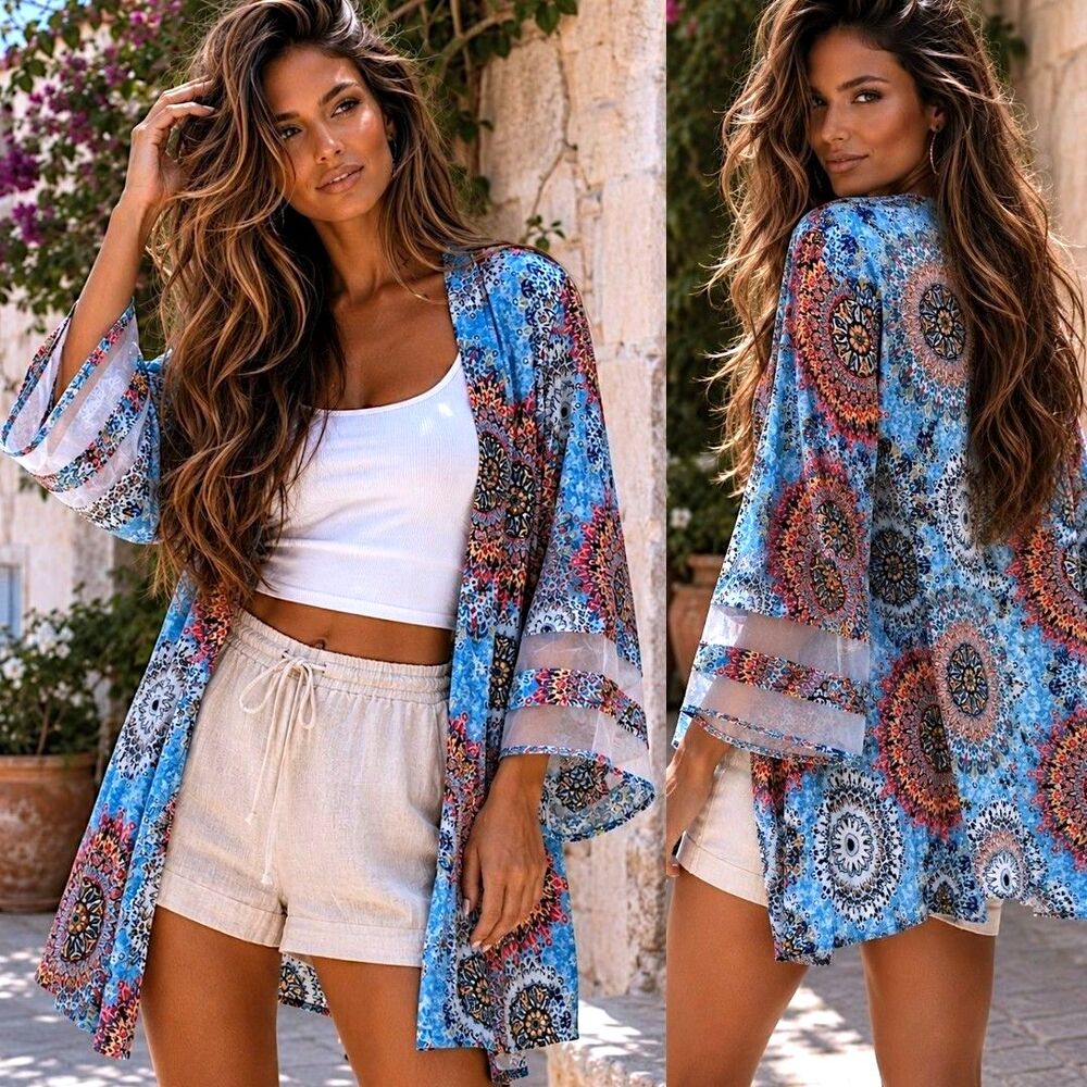 Coastal Cowgirl M Kimono Sheer Panel Sleeve Duster Festival Resort Boho Cover Up